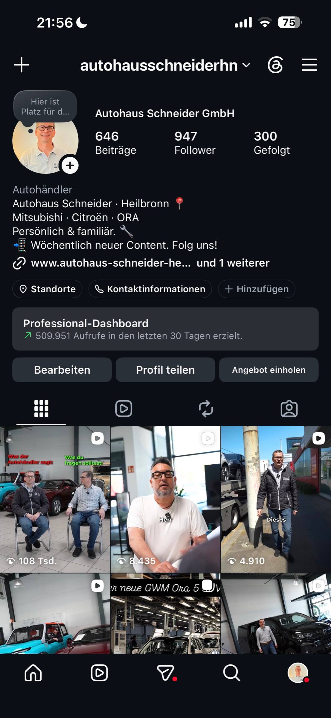 Instagram-Profil von Autohaus Schneider mit Professional-Dashboard: 509.951 Aufrufe in den letzten 30 Tagen
