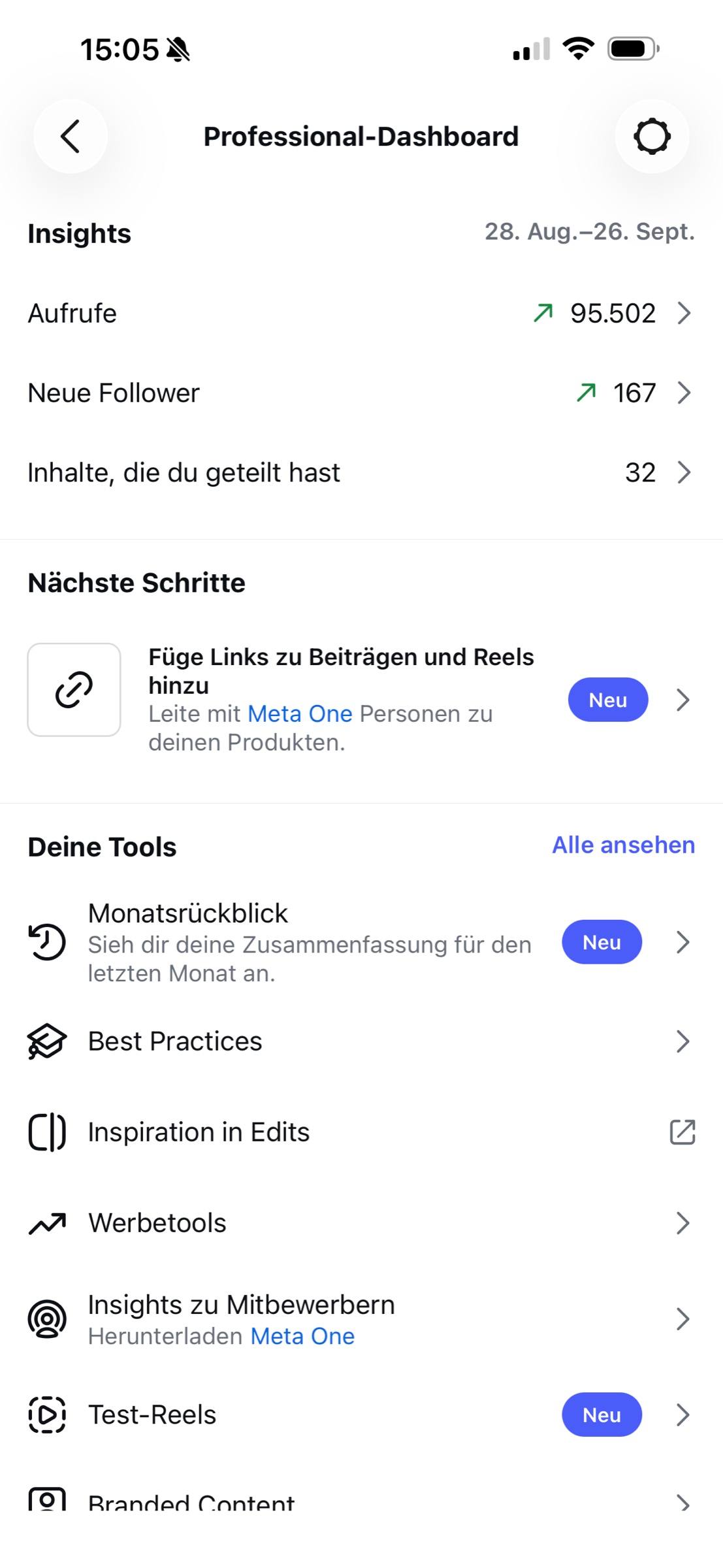 Instagram-Professional-Dashboard vom 28. August bis 26. September: 95.502 Aufrufe