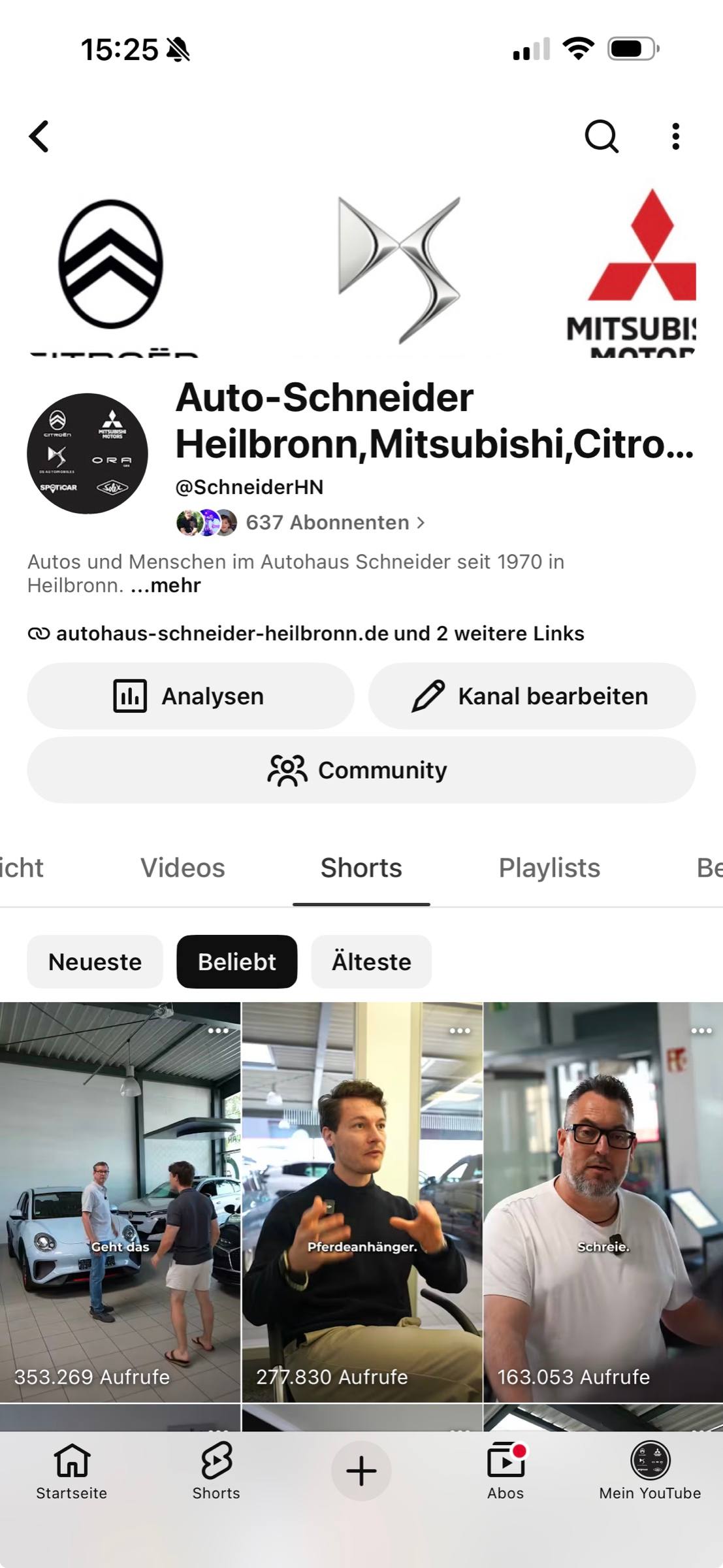 YouTube-Shorts von Autohaus Schneider nach Beliebtheit, das meistgesehene mit 353.269 Aufrufen