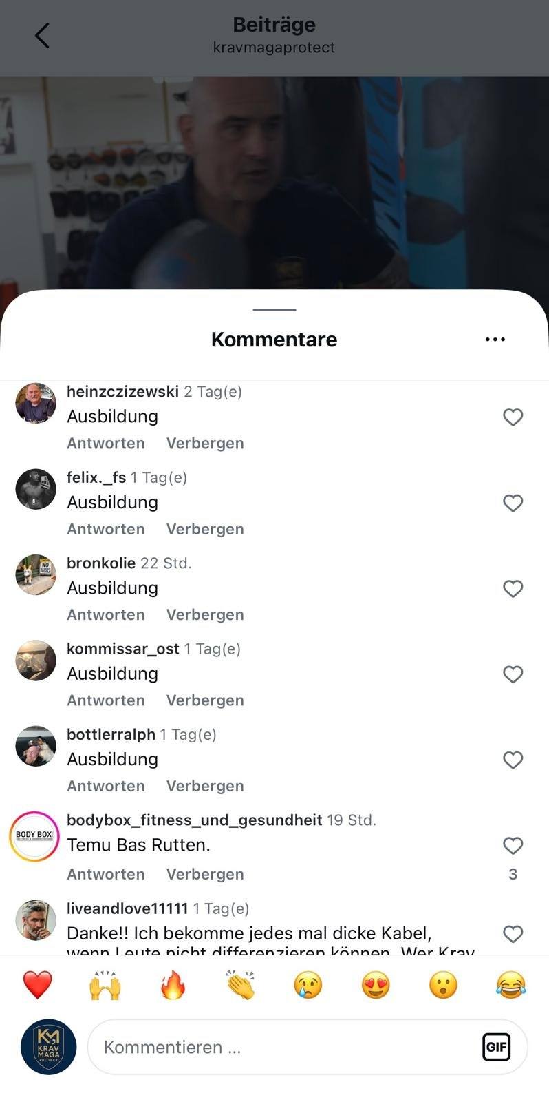 Kommentare unter einem Reel, fast alle mit dem Wort „Ausbildung“