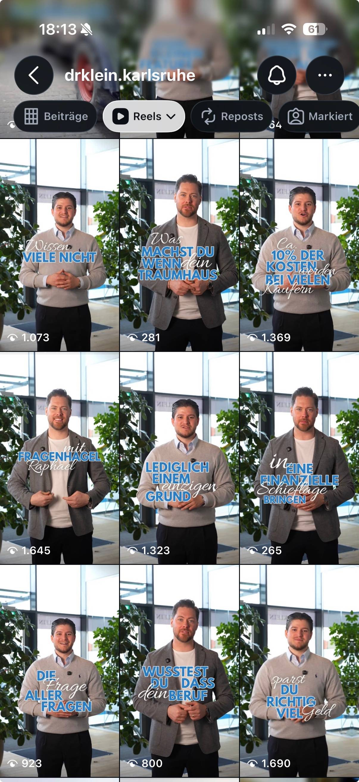 Instagram-Reels vorher: Aufrufe meist um 1.000