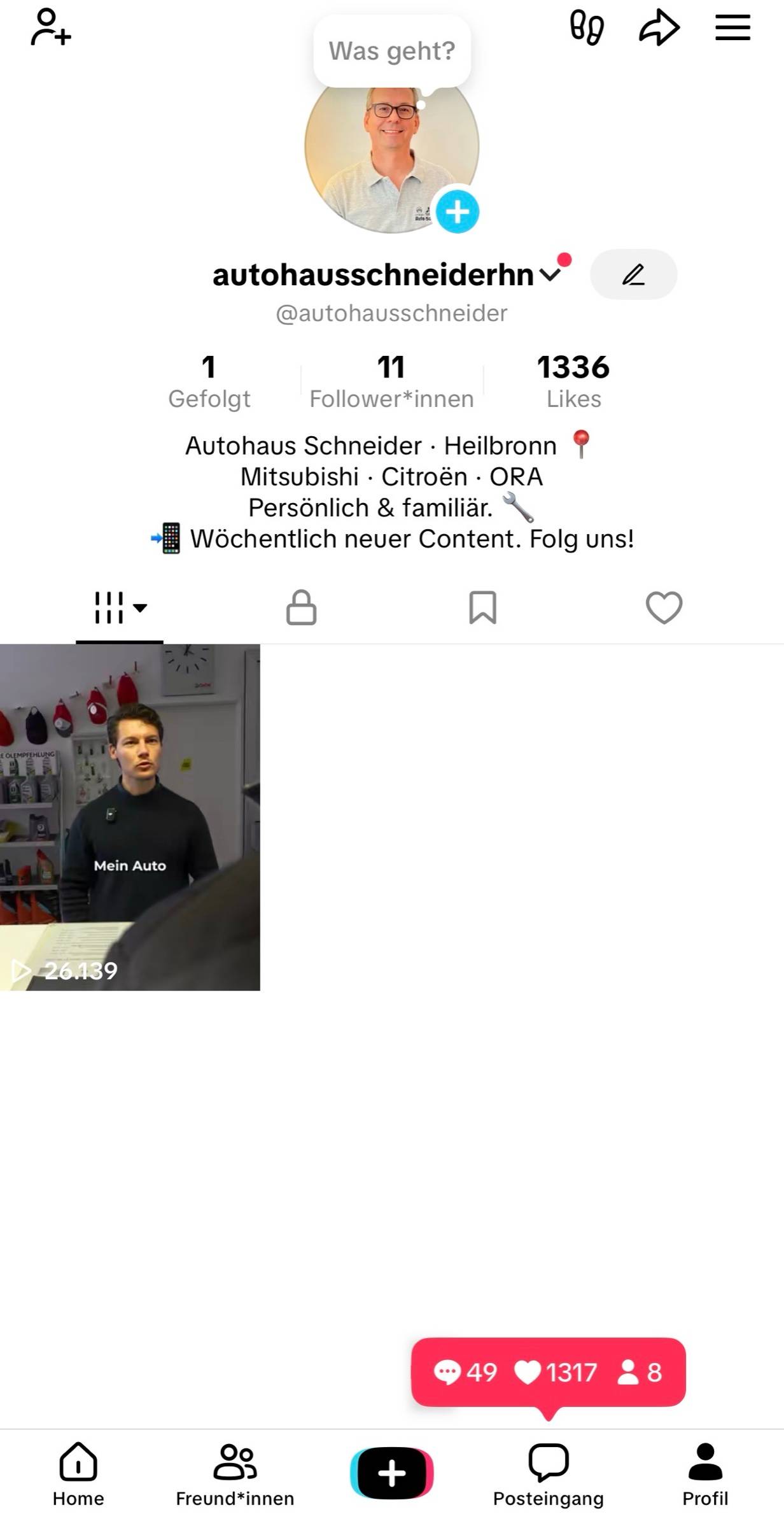 TikTok-Profil von Autohaus Schneider zum Start